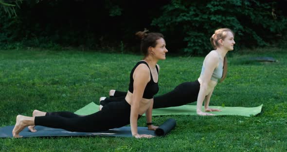 Side View Two Woman Doing Exercise in the Park