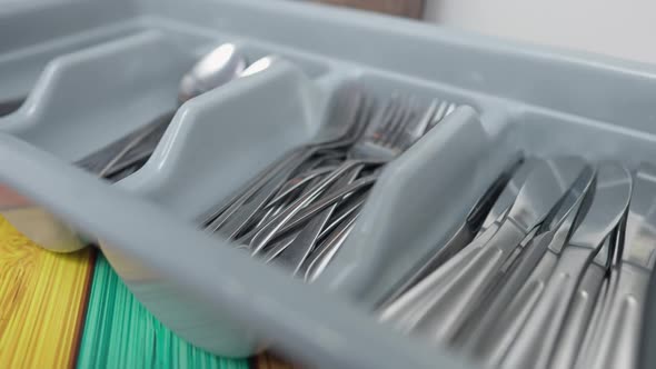 Closeup Cutlery in Self Service Canteen Indoors