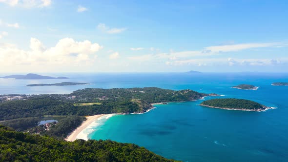 Aerial view. white sand beach top view of the beautiful sea with waves at sunny day summer holiday