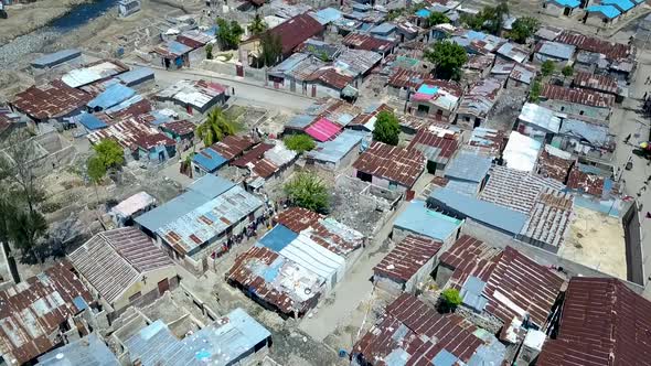 Aerial view of Port au Prince flying backwards