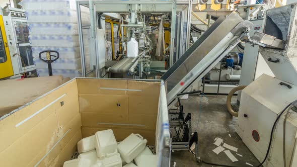 A Factory for Plastic Canister Production Timelapse Hyperlapse. The Conveyor in the Factory.