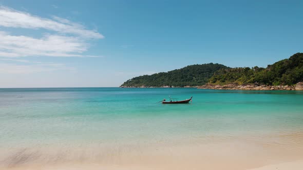 Thailand Tourist Boat on Sea Shore of Tropical Island Near Krabi and Phuket