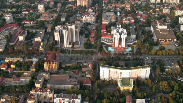 Aerial drone view of Chisinau downtown. Panorama view of multiple buildings, Parliament, Presidency,