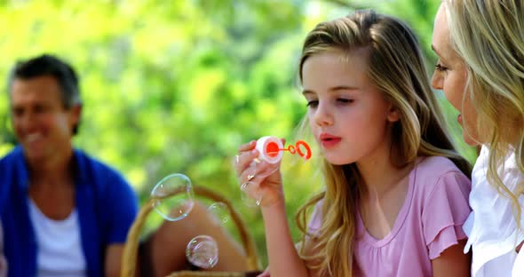 Mother and daughter blowing bubble with bubble wand at picnic in park 4k