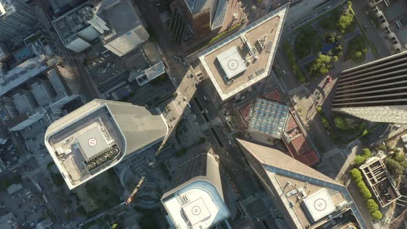 AERIAL Slow Lowering and Circling Birds Eye View Over Downtown Los Angeles California in Beautiful