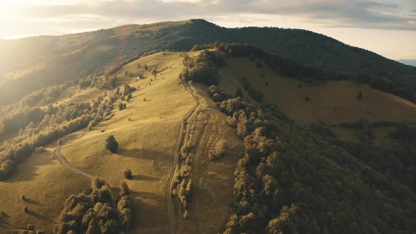 Sun is Shining Over Trees on Mountain Aerial