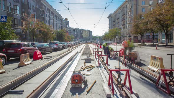 Tram Rails at the Stage of Their Installation and Integration Into Concrete Plates on the Road