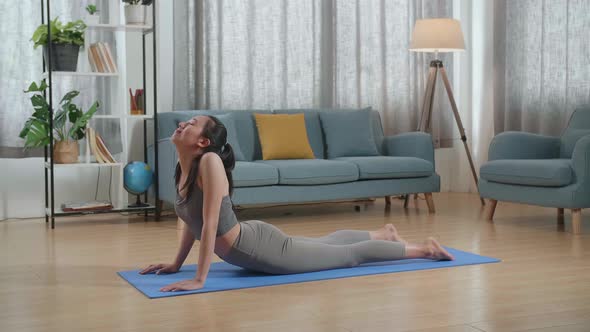 Female In Sports Clothes Training On A Yoga Mat, Doing Upward Facing Dog During Workout At Home