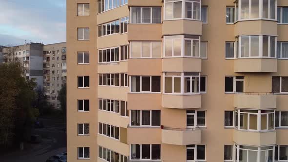 Aerial view of a drone flying over the buildings