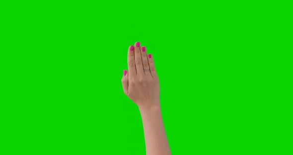 Isolated Woman Rise Up Hand with Pink Manicure Showing Vote Agree Sign Symbol. Green Screen