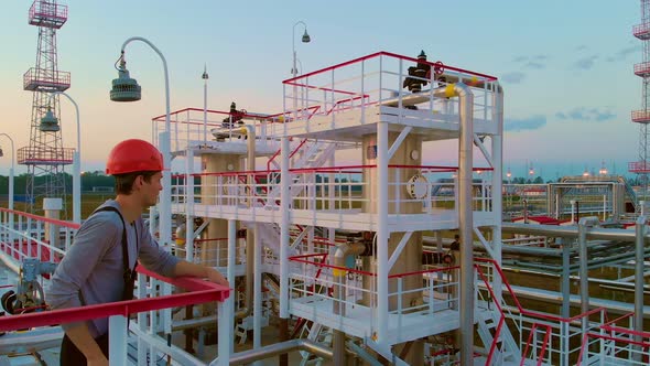 A Plant Worker at His Workplace an Operator of Technological Equipment Stands on a Metal Tower