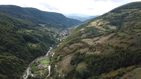 Aerial Shot Over Village In Mountains