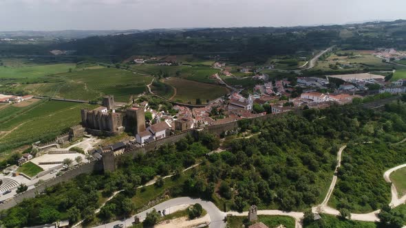 Fly Above Village of Óbidos, Portugal