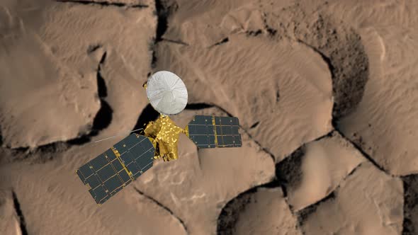 Mars Reconnaissance Orbiter, MRO Orbiting Mars. Mars Planet Rotating in the Outer space.Traveling To