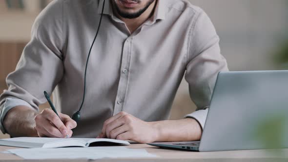 Close Up Unknown Man Businessman Writer Student Clerk Receptionist Wear Headset Listen Online