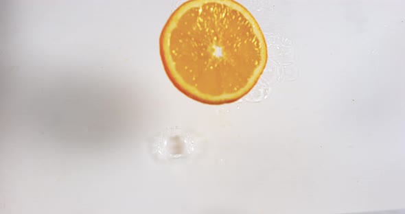 Orange, citrus sinensis, Slice Falling on Water and splashing, against White Background