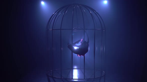 Performance of an Aerial Gymnast on a Hoop in a Cage on the Stage with Spotlights