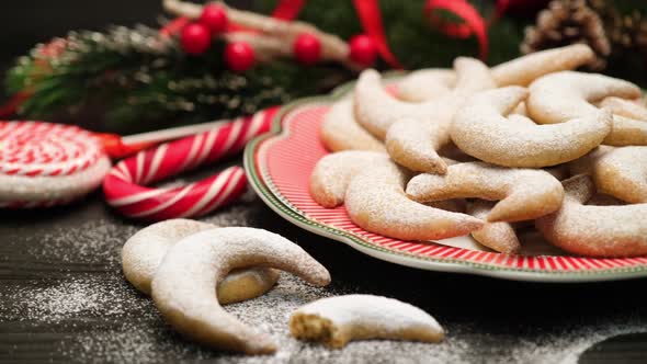 Plate Full of Traditional German or Austrian Vanillekipferl Vanilla Kipferl Cookies