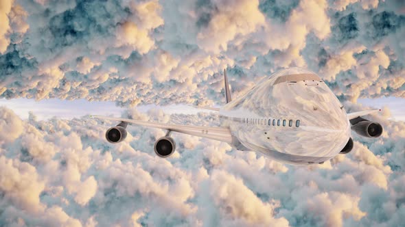 Airplane Front View Fyling Between Puffy Clouds Sunlight