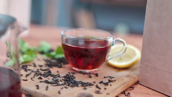 Cuisine Serving Wooden Table with Cup Herbal Hot Beverage and Teapot for Morning Break Tea Ceremony