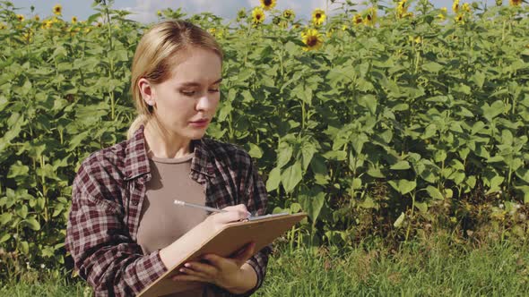 Female Agronomist Observing Sunflower Field