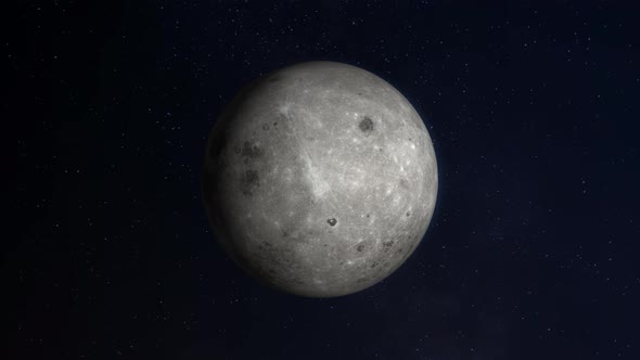 Photorealistic Moon rotating slowly in space with stars on a black background. 