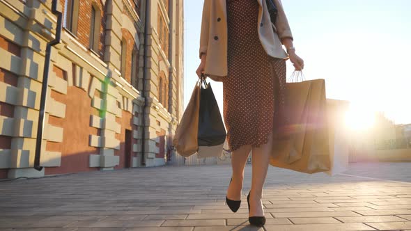 Elegant Woman Carries Full Paper Packets Walking Along Urban Square