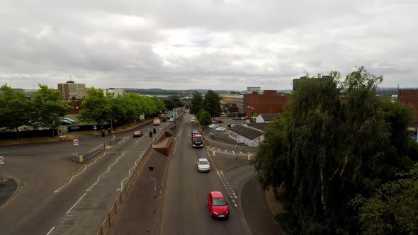 Aerial footage of the A50 road near Hanley in Stoke on Trent,