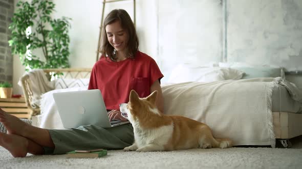 Woman Freelancer Sit on Floor and Work Type at Laptop with Corgi Avki