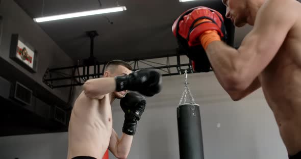 Low Angle Shot Fighter in Boxer Gloves is Practising His Strikes with Trainer in Slow Motion in the