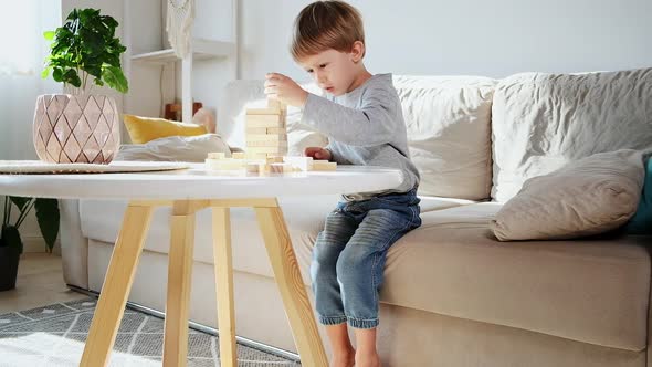 Child Build a Tower From Wooden Blocks Sitting on the Sofa at Home