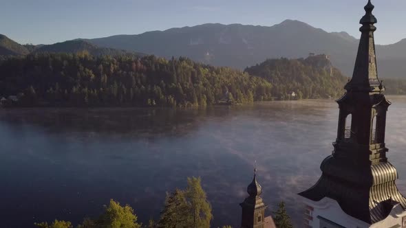 Close up of Lake Bled, Slovenia near Triglav National Park. Cinematic 4k drone footage