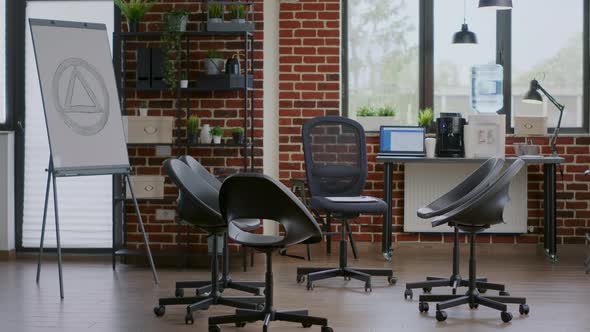 Empty Office with Aa Meeting Sign on White Board and Chairs in Circle