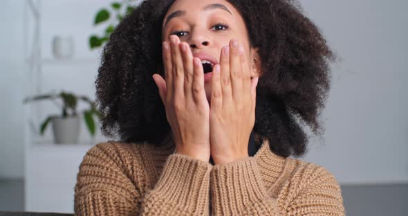 Portrait of Beautiful Mixed Race Curly Girl Friend Cheerful Afro American Woman Sends Blowing Air