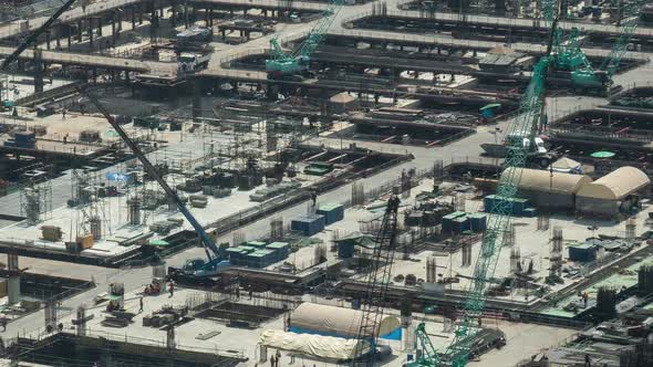 Time Lapse of Construction Site with Heavy Construction Machinery in Metropolis