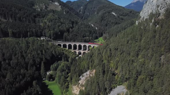 Aerial of Train on Viaduct in Semmering Railway, Austria