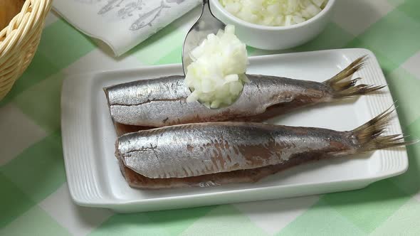 Scattering raw onions on fresh Dutch raw herring close up
