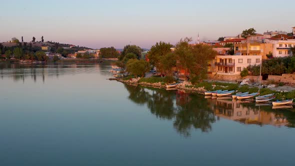 fishing boat on lake at sunset golyazi , bursa turkey  13