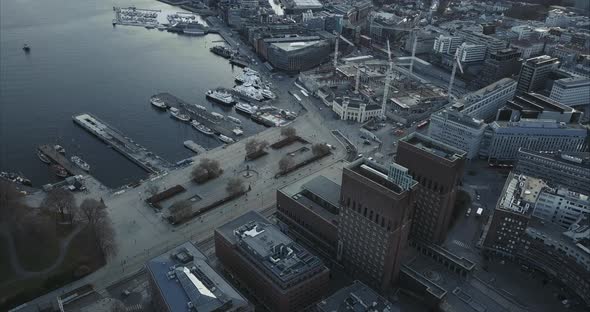 Aerial shot of Oslo City Hal, Rådhuset and harbbour in background, Norway