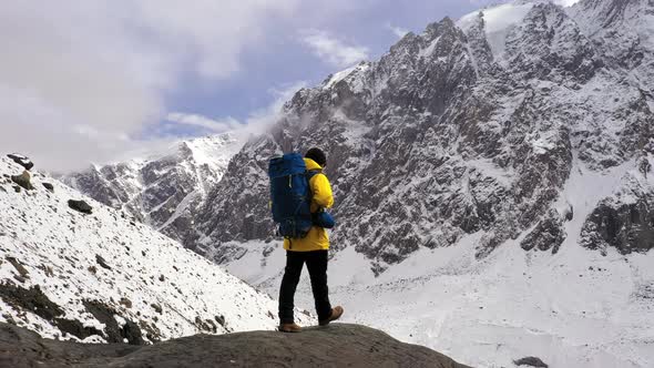 Young Hiker On Mountain Peak At Sunset Successful Pose Outstretched Arms Business Life Achievement