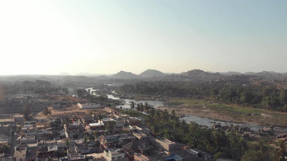 Aerial view of houses and landscape of Hampi, Karnataka, India