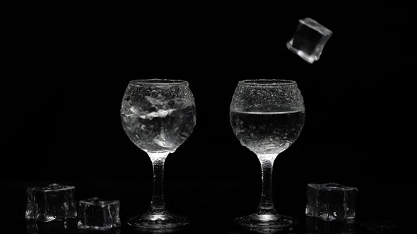 Add Ice Cubes To Shots of Vodka in Glasses. Black Background. Alcohol Drink