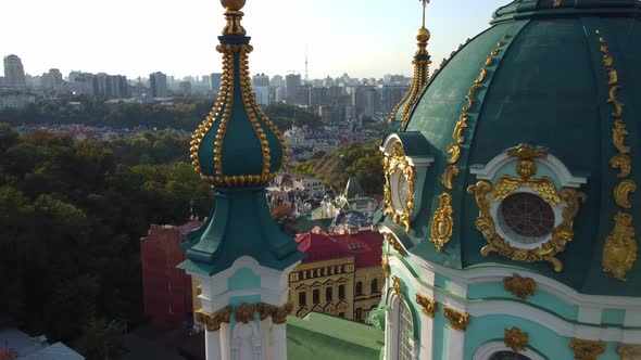 Aerial view of Andriivska Church and historical part of Kyiv - Podil