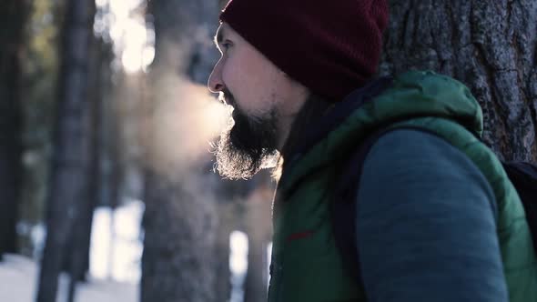 Portrait of Man Hiker Walking in Mountain Forest Slow Motion