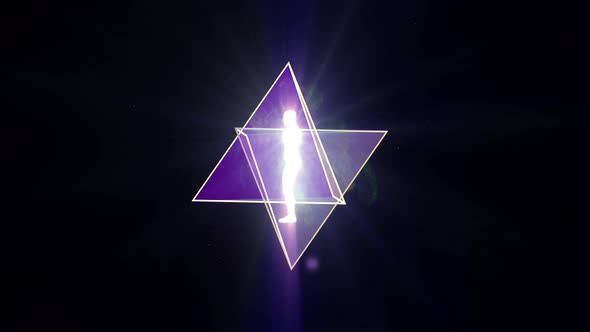 Rotation of two tetrahedrons (Merkaba) inside which is a luminous man. on a dark background.