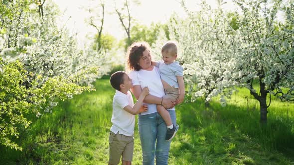 Mother with Sons Walks in Flowering Garden