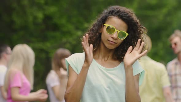 Young Professional Actress in Sunglasses Dancing, Smiling, Flirting With Camera