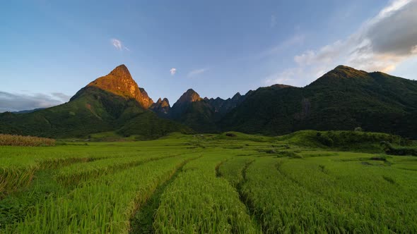 Time lapse of Fansipan mountain hills valley with paddy rice terraces in Sapa, Vietnam.