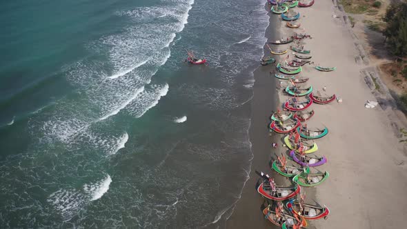 Aerial view of traditional fishing boats in Chittagong, Bangladesh.