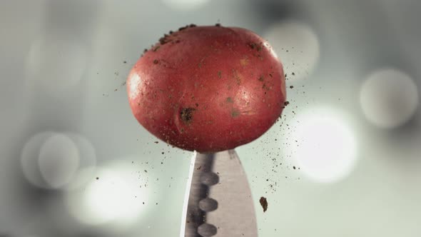 Fresh Red Potato Falling Down with Soil on Knife Stuck